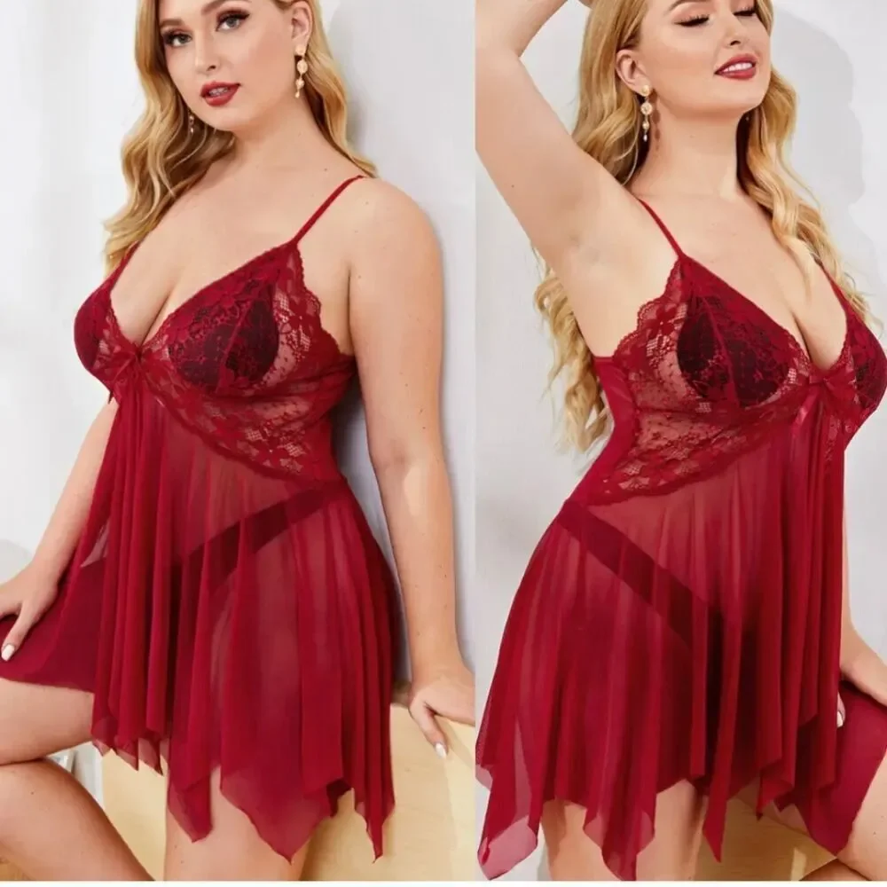 Plus Size Women Sexy Lingerie Lace Sheer Babydoll Sleepwear Nightdress Underwear